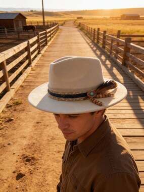 Indiana Designer One of a Kind White Felt Fedora Western Hat with Beaded Feather